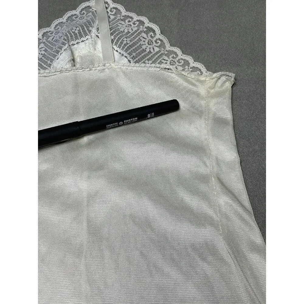 Sears 36 Full Slip Night Dress Vintage Nylon Ivory Lace Adjustable Strap V-neck*